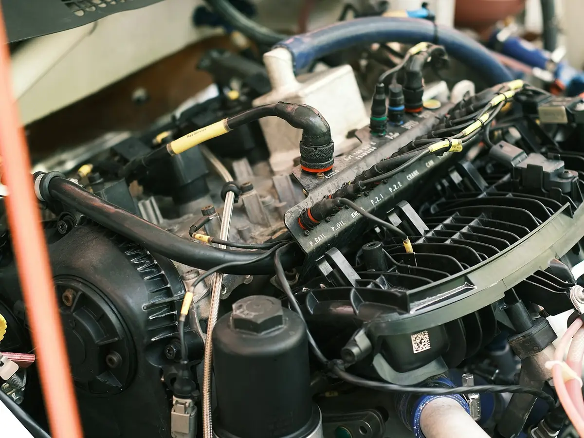 Close-up of an engine bay during diagnostic work